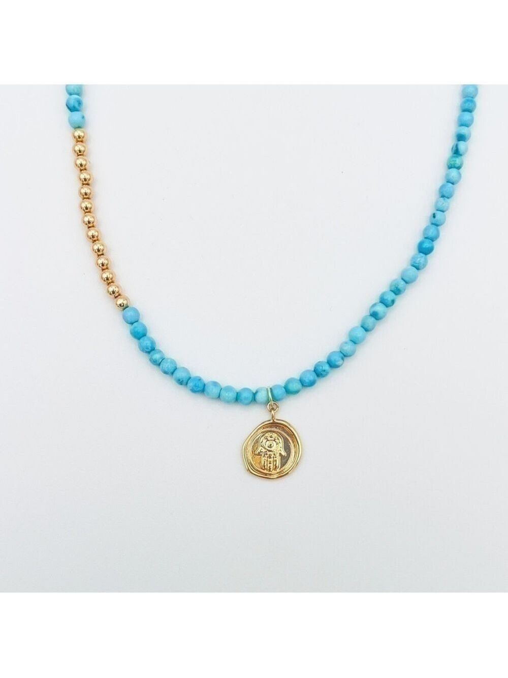 Turquoise choker with gold filled accents and hamsa pendant